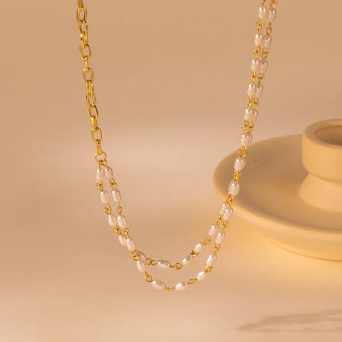 Collier de perles en plastique, alliage de zinc, avec perle de plastique, Double couche & bijoux de mode & pour femme, Or, Vendu par PC[