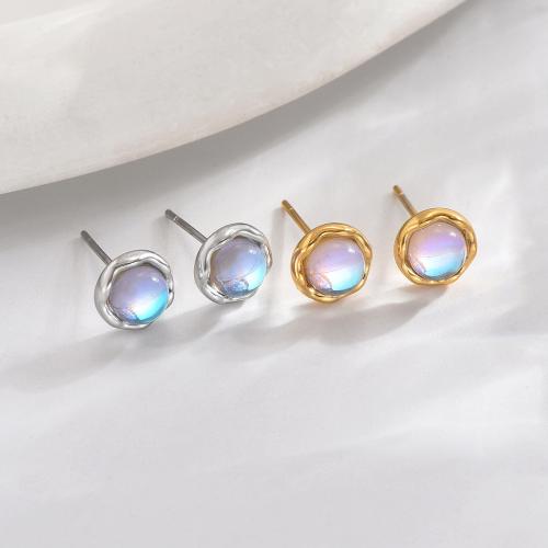 Titanium Steel Stud Earring, with Moonstone, plated, fashion jewelry & for woman 6mm 