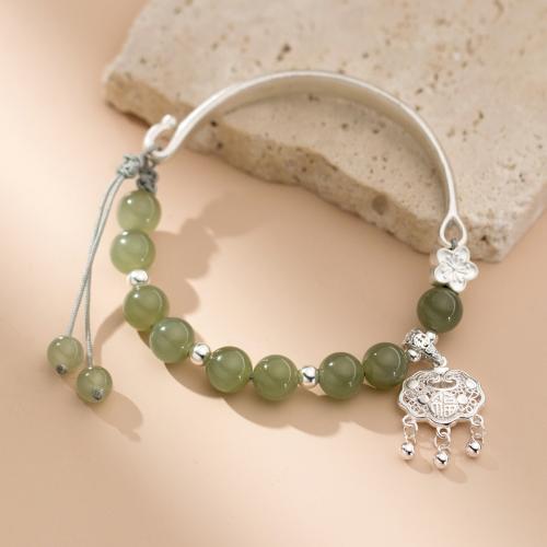 925 Sterling Silver Bracelet, with Hetian Jade, with 2inch extender chain, Longevity Lock, fashion jewelry & for woman Approx 6.7 Inch 