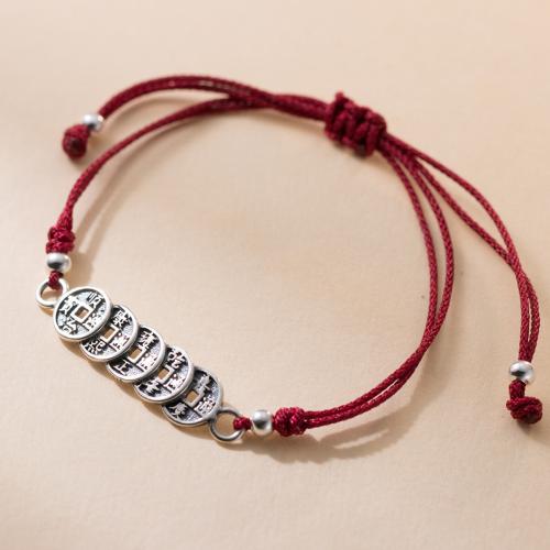 925 Sterling Silver Bracelet, with Polyester Cord, Ancient Chinese Coin, vintage & for woman Approx 8.7 Inch 