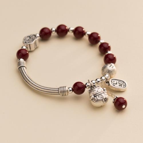925 Sterling Silver Bracelet, with Cinnabar, Fortune Cat, vintage & for woman Approx 6.3-9.8 Inch 