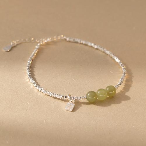 925 Sterling Silver Bracelet, with Hetian Jade, with 1.6inch extender chain, fashion jewelry & for woman Approx 6.5 Inch 