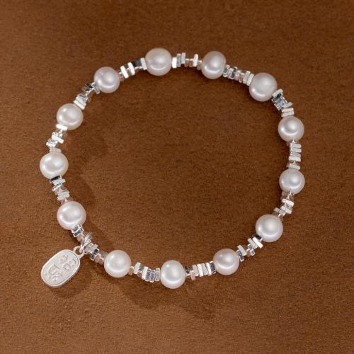 925 Sterling Silver Bracelet, with Plastic Pearl, vintage & for woman Approx 6.3-9.4 Inch 