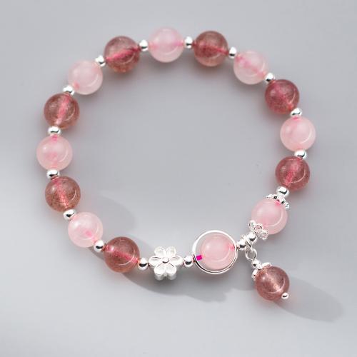 Strawberry Quartz Bracelet, with 925 Sterling Silver & Rose Quartz, Flower, fashion jewelry & for woman Approx 5.9-9.4 Inch 