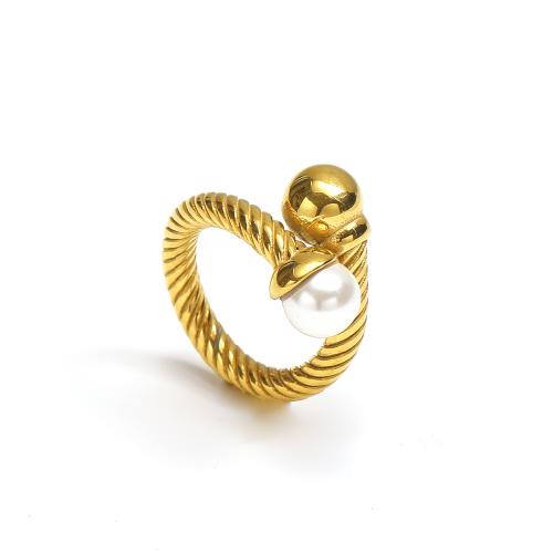 Stainless Steel Finger Ring, 304 Stainless Steel, with Plastic Pearl, Vacuum Ion Plating, fashion jewelry & for woman, golden 