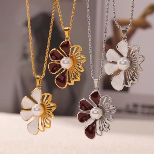 Titanium Steel Jewelry Necklace, with Plastic Pearl, Flower, plated, for woman & enamel & hollow 