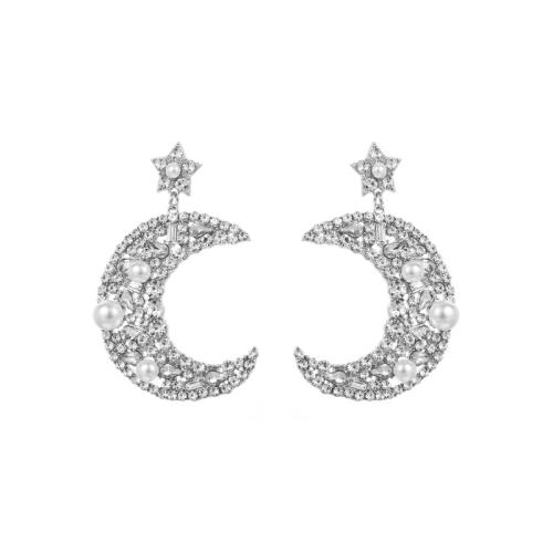 Zinc Alloy Rhinestone Drop Earring, with Plastic Pearl, plated, for woman & with rhinestone, silver color 
