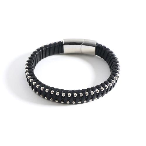 PU Schnur Armbänder, 304 Edelstahl, mit Lederband, verschiedene Stile für Wahl & für den Menschen, schwarz, verkauft von PC