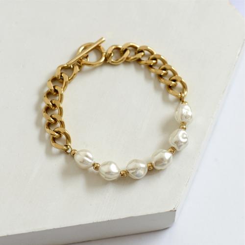 Titanium Steel Bracelet & Bangle, with Plastic Pearl, 18K gold plated, fashion jewelry & for woman, golden Approx 16 cm 