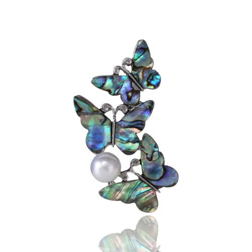 Shell Brooch, Zinc Alloy, with Abalone Shell & Plastic Pearl, Butterfly, silver color plated, for woman 