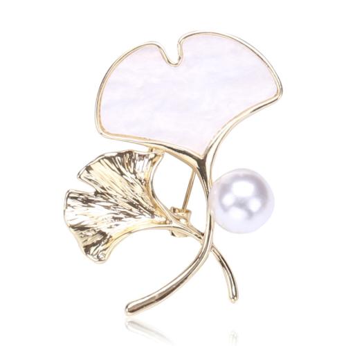 Enamel Brooch, Zinc Alloy, with Plastic Pearl, Ginkgo Leaf, gold color plated, for woman 