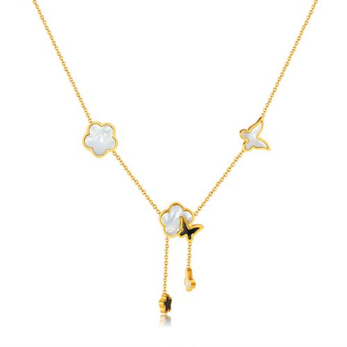 Cubic Zirconia Stainless Steel Necklace, 304 Stainless Steel, with Pearl Oyster, plated, for woman & enamel, golden 