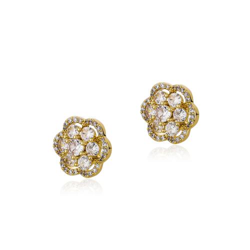 Brass Stud Earring, Flower, gold color plated, micro pave cubic zirconia & for woman 