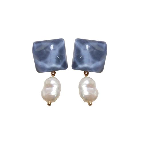 Resin Drop Earring, with Plastic Pearl, fashion jewelry & for woman, blue, 38mm 