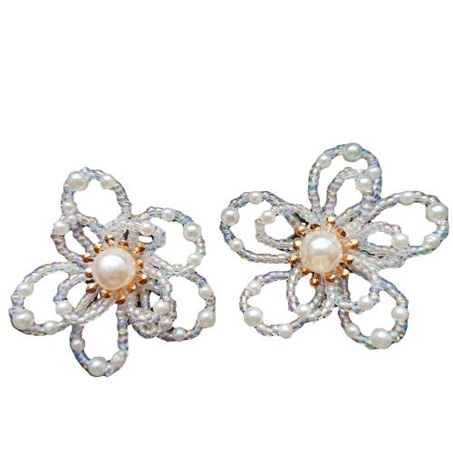 Ohrring aus Kunststoff, Kunststoff Perlen, mit Kristall, Blume, Modeschmuck & verschiedene Stile für Wahl & für Frau, weiß, 60mm, verkauft von Paar[