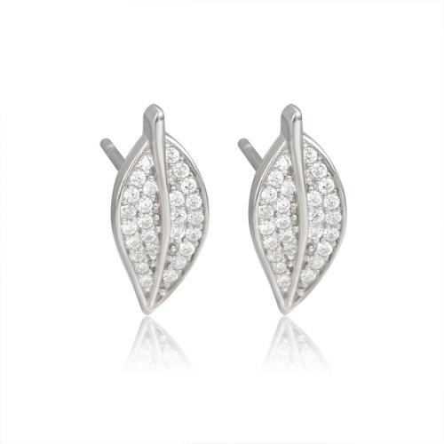 Cubic Zirconia Micro Pave Sterling Silver Earring, 925 Sterling Silver, Leaf, fashion jewelry & micro pave cubic zirconia & for woman, 13.9mm 
