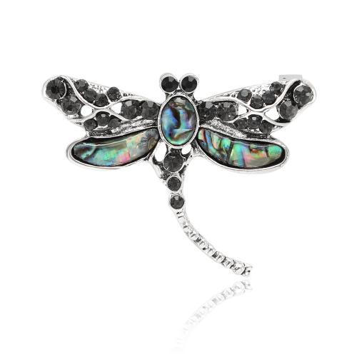 Shell Brooch, Zinc Alloy, with Abalone Shell, Dragonfly, silver color plated, for woman & with rhinestone 