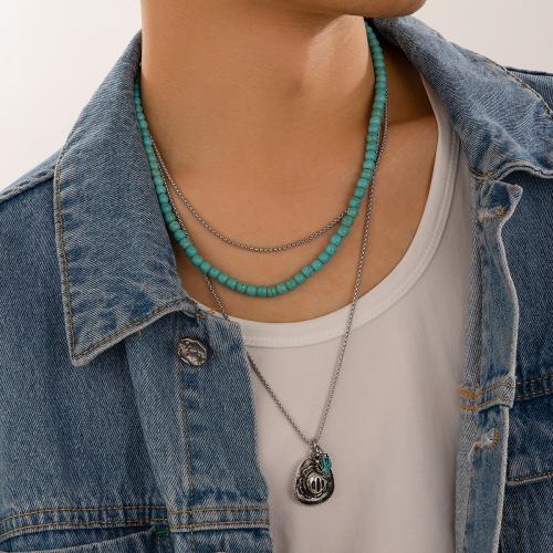 Türkis Schmuck Halskette, Eisen, mit Türkis & Zinklegierung, silberfarben plattiert, Modeschmuck, Silberfarbe, verkauft von PC[