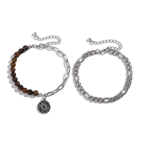 Fashion Zinc Alloy Bracelets, Iron, with Tiger Eye & Zinc Alloy, silver color plated, 2 pieces & fashion jewelry, silver color 