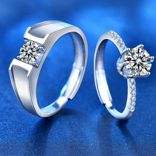 925 Sterling Silver Couple Ring, with Moissanite, adjustable & for couple 
