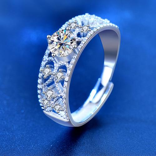 925 Sterling Silver Finger Ring, with Moissanite, Geometrical Pattern, platinum plated, adjustable & for woman, US Ring 