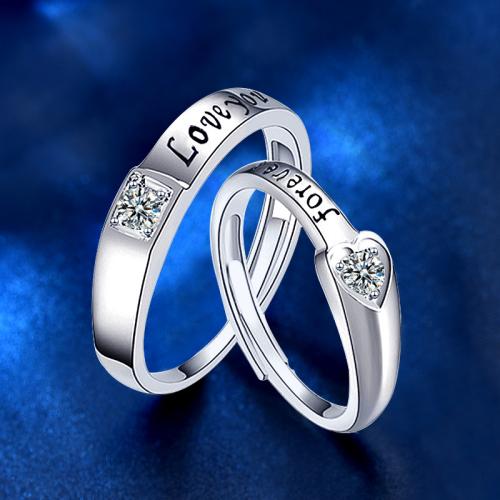 925 Sterling Silver Couple Ring, platinum plated, adjustable & with letter pattern & micro pave cubic zirconia & for couple 