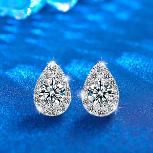925 Sterling Silver Stud Earring, with Moissanite, Teardrop, platinum plated, fashion jewelry & for woman 