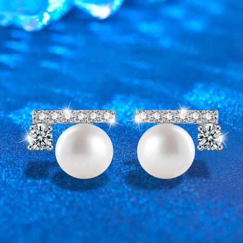 925 Sterling Silver Stud Earring, with Moissanite & Freshwater Pearl, Geometrical Pattern, fashion jewelry & for woman 