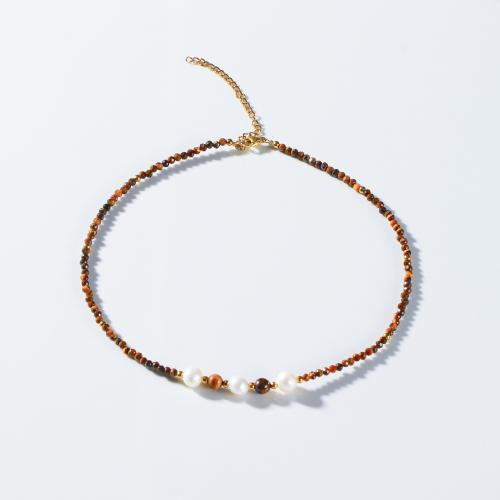 Tigerauge Halskette, mit Titanstahl & Kunststoff Perlen, 18K vergoldet, Modeschmuck & für Frau, keine, verkauft von PC[