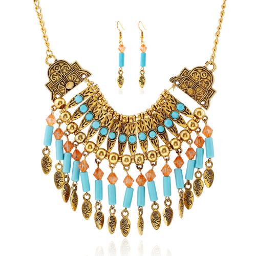 Rhinestone Zinc Alloy Jewelry Set, earring & necklace, with 7.5cm extender chain, 2 pieces & fashion jewelry & Bohemian style & for woman & with rhinestone Approx 45 cm 