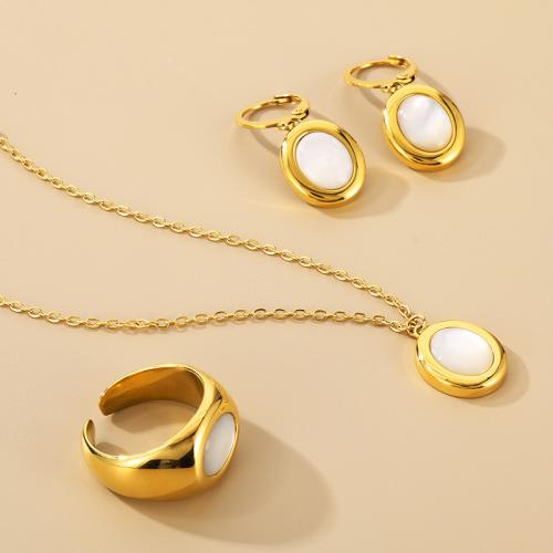 Titanium Steel Earrings, finger ring & bracelet & earring & necklace, with Cats Eye, gold color plated & for woman 