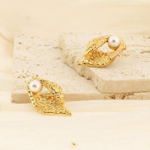 Titanium Steel Earrings, with Plastic Pearl, gold color plated & for woman 