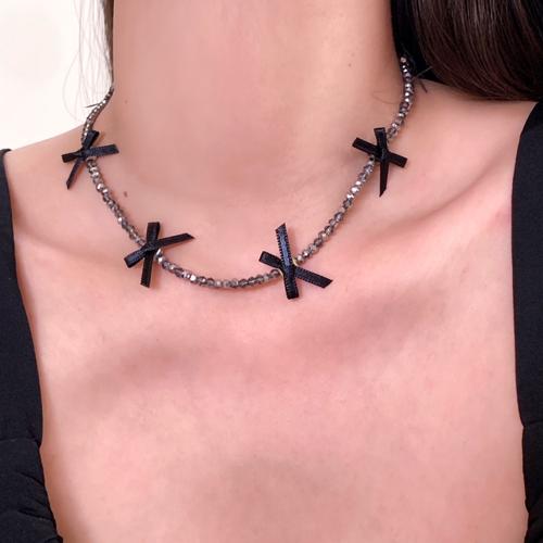 Zinc Alloy Necklace, with Cloth, Bowknot, silver color plated, for woman, black cm 