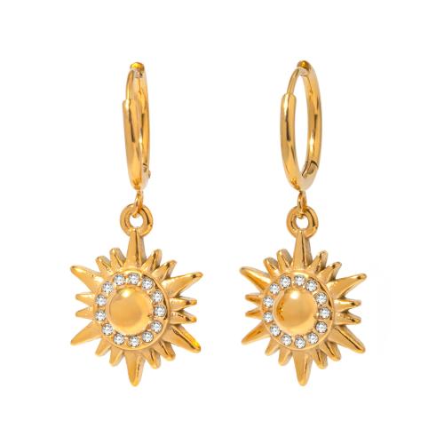 Stainless Steel Drop Earring, 304 Stainless Steel, Sun, 18K gold plated, fashion jewelry & for woman & with rhinestone 