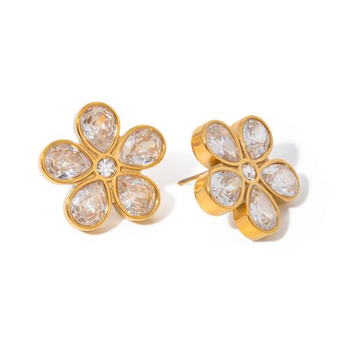 Stainless Steel Cubic Zirconia Stud Earring, 304 Stainless Steel, with Cubic Zirconia, Flower, 18K gold plated, fashion jewelry & for woman 