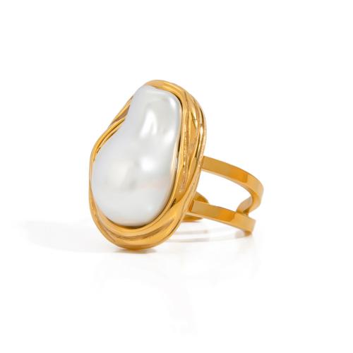 Stainless Steel Finger Ring, 304 Stainless Steel, with Plastic Pearl, 18K gold plated, fashion jewelry & for woman 