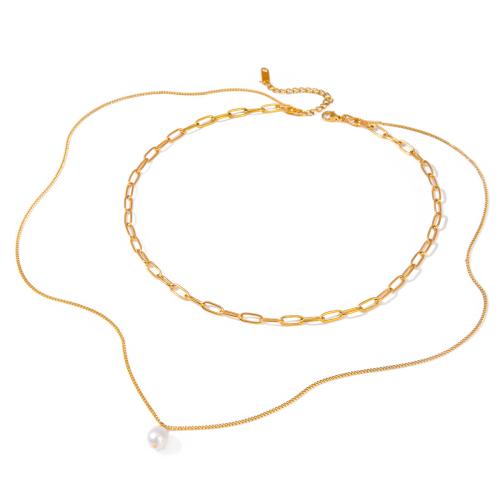 Stainless Steel Jewelry Necklace, 304 Stainless Steel, with Plastic Pearl, with 5cm extender chain, 18K gold plated, Double Layer & fashion jewelry & for woman Approx 39.5 cm, Approx 60.5 cm 