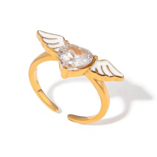 Cubic Zirconia Stainless Steel Finger Ring, 304 Stainless Steel, with Cubic Zirconia, Angel Wing, 18K gold plated, fashion jewelry & for woman 