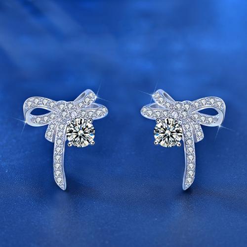 925 Sterling Silver Stud Earring, with Moissanite, Bowknot, platinum plated, Korean style & for woman 