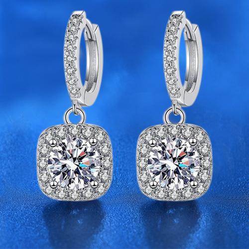 925 Sterling Silver Huggie Hoop Drop Earring, with Moissanite, Square, platinum plated, fashion jewelry & for woman 