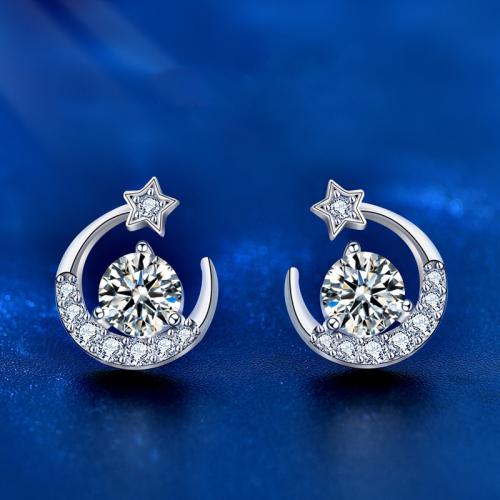 925 Sterling Silver Stud Earring, with Moissanite, Moon and Star, platinum plated, fashion jewelry & for woman, 11mm 