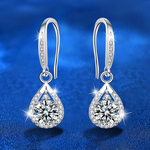 925 Sterling Silver Drop Earring, with Moissanite, Teardrop, platinum plated, fashion jewelry & for woman 