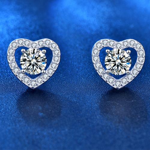 925 Sterling Silver Stud Earring, with Moissanite, Heart, platinum plated, fashion jewelry & for woman 