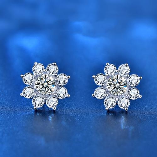 925 Sterling Silver Stud Earring, with Moissanite, Flower, platinum plated, fashion jewelry & for woman, 12mm 