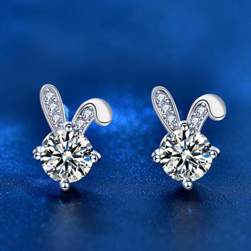 925 Sterling Silver Stud Earring, with Moissanite, Rabbit, platinum plated, fashion jewelry & for woman, 10mm 