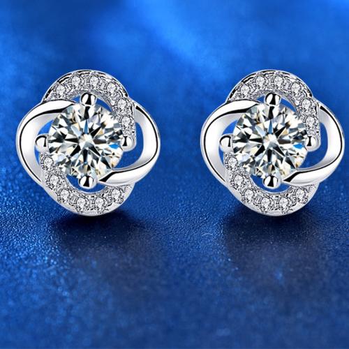 925 Sterling Silver Stud Earring, with Moissanite, Four Leaf Clover, platinum plated, fashion jewelry & for woman 9mm 
