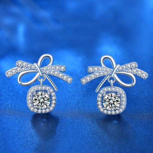 925 Sterling Silver Drop Earring, with Moissanite, Bowknot, platinum plated, fashion jewelry & for woman 