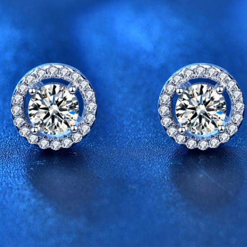 925 Sterling Silver Stud Earring, with Moissanite, Round, platinum plated, fashion jewelry & for woman 