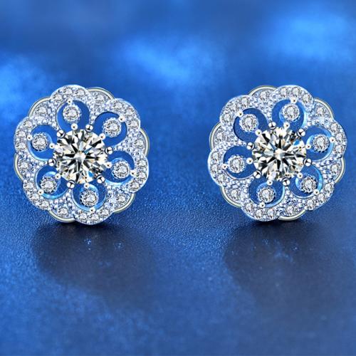925 Sterling Silver Stud Earring, with Moissanite, Flower, platinum plated, fashion jewelry & for woman, 13mm 