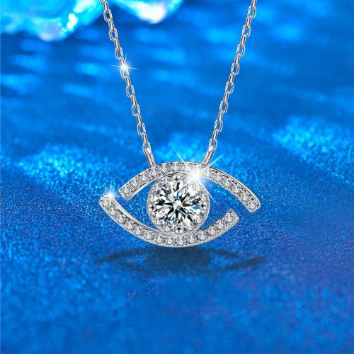 925 Sterling Silver Necklace, with Moissanite, with 2inch extender chain, Flower, platinum plated, fashion jewelry & evil eye pattern & for woman & hollow Approx 15.7 Inch 
